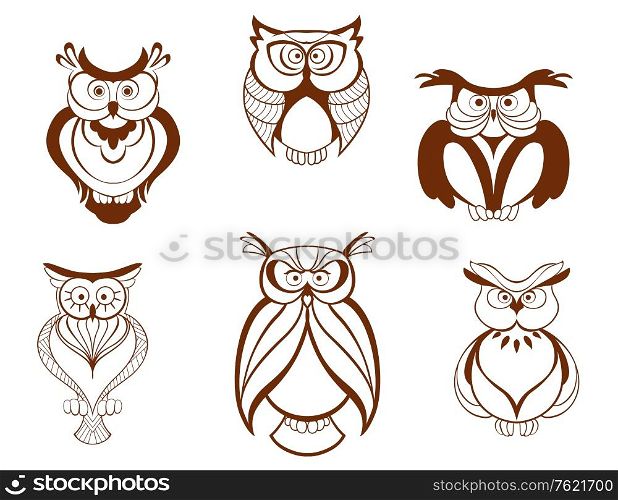 Set of cartoon owl birds isolated on white background