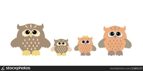 Set of cartoon owls. Cute brown owl family.. Cute owl family