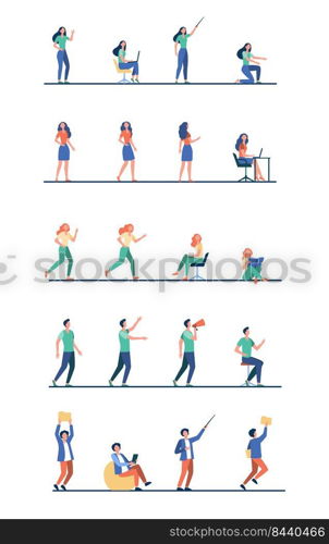 Set of cartoon people in different poses of activity flat vector illustration. Men and women standing, running, showing, working, reading on white background. Lifestyle and action concept