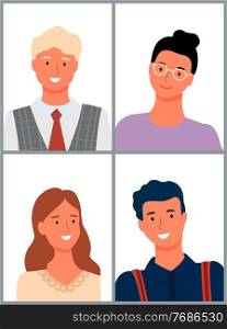Set of cartoon people, portrait view. Vector male and female characters, blond and brunette guys, smiling person. Woman in glasses and handsome man in casual cloth. Cartoon People, Portrait View. Vector Male Female