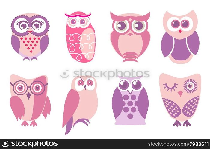 Set of cartoon pink owls. Vector illustration of cartoon owls in baby pink colors.. Set of cartoon pink owls. Vector illustration of cartoon owls in baby pink colors