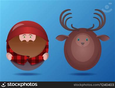 Set of cartoon round toy lumberjack and deer. Vector element for your creativity. Set of cartoon round toy lumberjack and deer. Vector element for