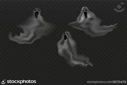 Set of cartoon scary flying ghosts.Creepy ghouls and v&ires.Magic scary spirits with different emotions.Scary phantoms banner vector.The main symbols of Halloween.