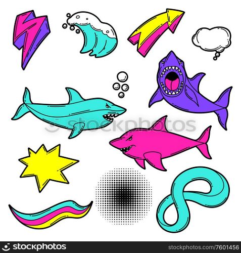 Set of cartoon sharks and decorative elements. Urban colorful teenage creative illustration. Fashion symbol in modern comic style.. Set of cartoon sharks and decorative elements. Urban colorful teenage creative illustration.