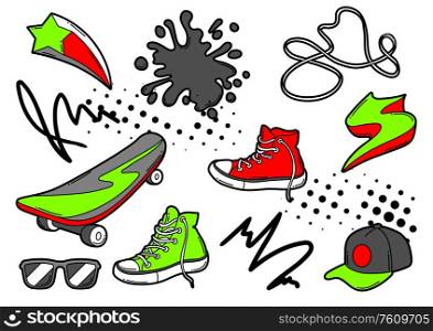 Set of cartoon sneakers, skateboard and baseball cap. Urban colorful teenage creative illustration. Fashion symbols in modern comic style.. Set of cartoon sneakers, skateboard and baseball cap.