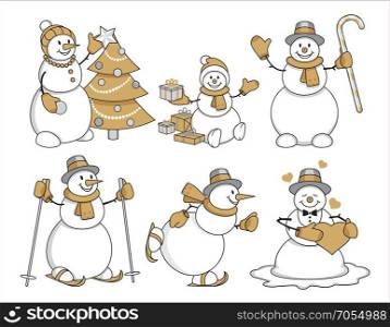 Set of cartoon snowman gold
