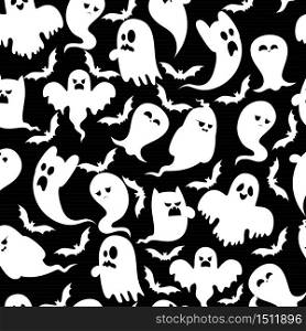 Set of cartoon spooky ghost and bats character .Vector Illustration