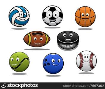 Set of cartoon sports balls equipment with a volleyball, basketball, soccer or football, rugby ball, hockey puck, tennis ball, bowls and baseball. Set of sports equipment vector illustrations