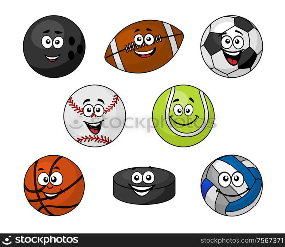 Set of cartoon sports equipment with a bowling ball, rugby or football soccer ball cricket ball tennis ball basketball volleyball and hockey puck with smiling faces, vector illustration on white