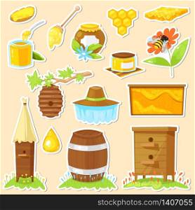 Set of cartoon stickers of beekeeping on yellow background.