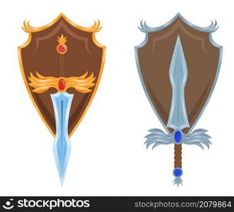 Set of cartoon swords and shields with a coat of arms. Protection and strength. Rich knightly uniform. Vector illustration of gold and silver weapon for icons, logos, games and applications. Set of cartoon swords and shields with a coat of arms. Protection and strength. Rich knightly uniform. Vector illustration of gold and silver weapon