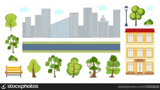 Set of cartoon trees, skyscrapers, lantern, bench, hotel for creation of city park landscape. Green plants vector isolated icons with for vegetation spring and summer forest are shown.. Set of cartoon trees. Green plants vector isolated icons