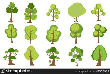 Set of cartoon trees, skyscrapers, lantern, bench, hotel for creation of city park landscape. Green plants vector isolated icons with for vegetation spring and summer forest are shown.. Set of cartoon trees. Green plants vector isolated icons