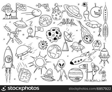 Set of cartoon vector doodle alien monsters and space props