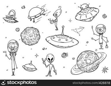 Set of cartoon vector drawings of friendly cartoon alien characters, UFO space ships and planets.. Set of Cartoon Alien Monster Characters , UFO Space Ships and Planets