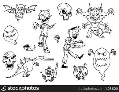 Set of cartoon vector drawings of halloween monsters like ghost, zombie, demon and flying skull. Dangerous but cute creatures.. Set of Cartoon Halloween Monsters Like Zombie, Ghost, Scary Skull and Demon.
