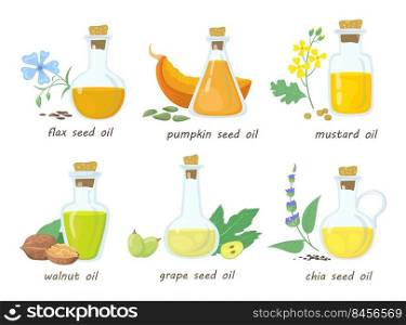 Set of cartoon vegetable virgin oils in glass jars. Flat vector illustration. Colorful mustard, walnut, pumpkin, grape, chia seed oils in white background. Food, vegan, natural, health concept
