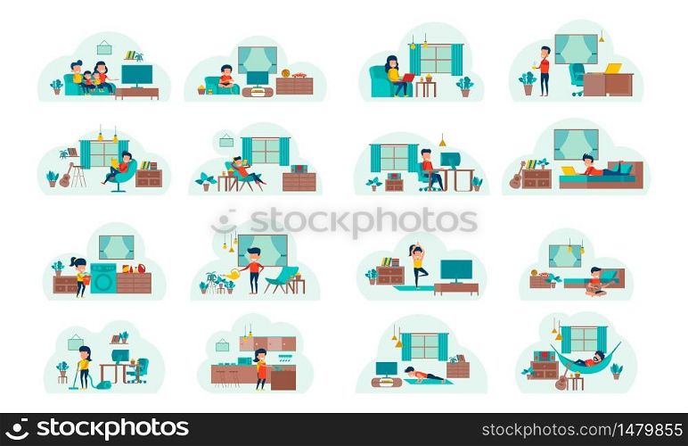 set of cartoon version of working home and stay home with flat design