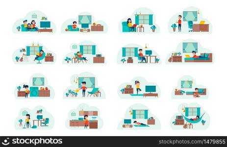 set of cartoon version of working home and stay home with flat design