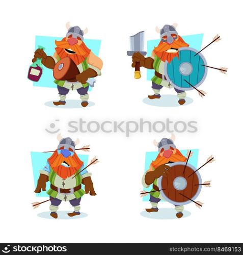 Set of cartoon viking character holding bottle of wine and knuckle, shield with arrows in it
