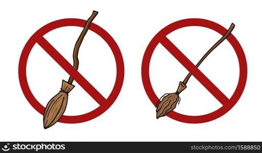 Set of cartoon witch brooms in prohibition signs. Ban on Halloween. No flying. Vector holiday badges for labels, logos, banners and your design. Set of cartoon witch brooms in prohibition signs. Ban on Halloween. No flying. Vector holiday badges