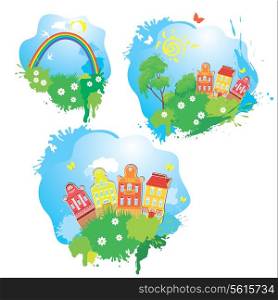 Set of Cartoons fairytale drawing images - houses, trees, rainbow isolated on white background. Summer time.