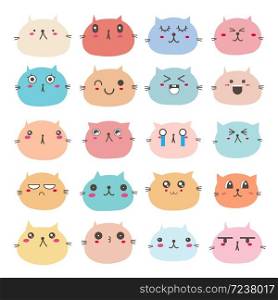Set of cat face emoticons, Cute cat character design. Vector illustration.