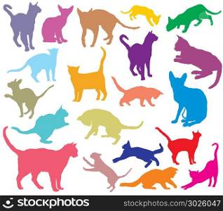 Set of cats different breeds silhouettes (sitting, standing, lying, playing) in different color isolated on white background. Vector colorful illustration