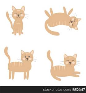 Set of cats in different poses vector illustration. Pet simple hand drawn image. The animal sits, sleeps, walks and dies.. Set of cats in different poses vector illustration.