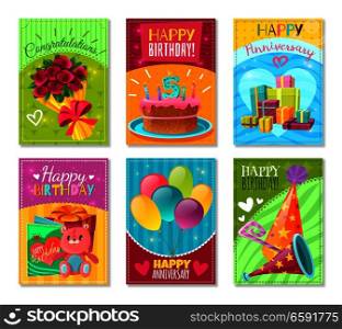 Set of celebration birthday greeting cards with congratulations and wishing happy anniversary isolated vector illustration. Happy Birthday Greeting Cards