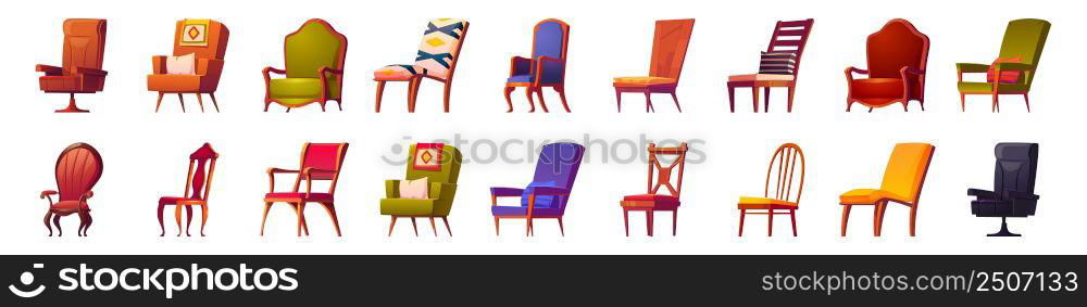 Set of chairs and armchairs, home and office furniture isolated set. Classic and modern interior objects with textile or leather upholstery, wooden legs and pillows, decor Cartoon vector illustration. Set of chairs and armchairs, home office furniture