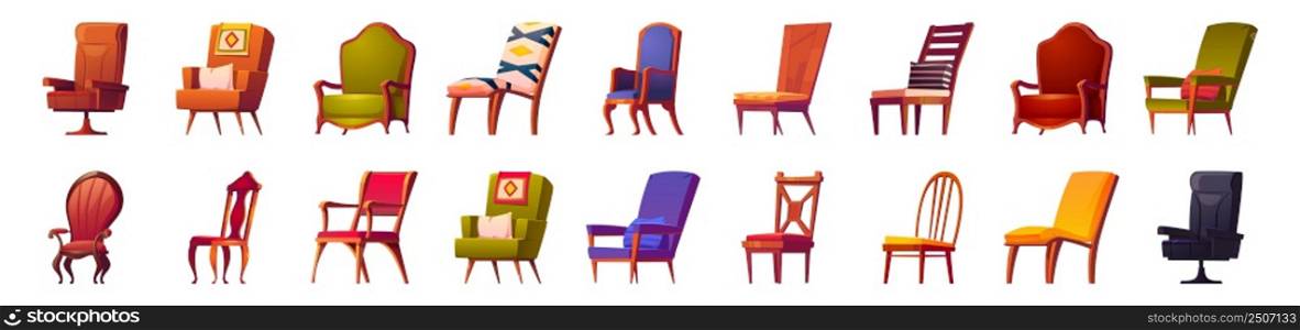 Set of chairs and armchairs, home and office furniture isolated set. Classic and modern interior objects with textile or leather upholstery, wooden legs and pillows, decor Cartoon vector illustration. Set of chairs and armchairs, home office furniture