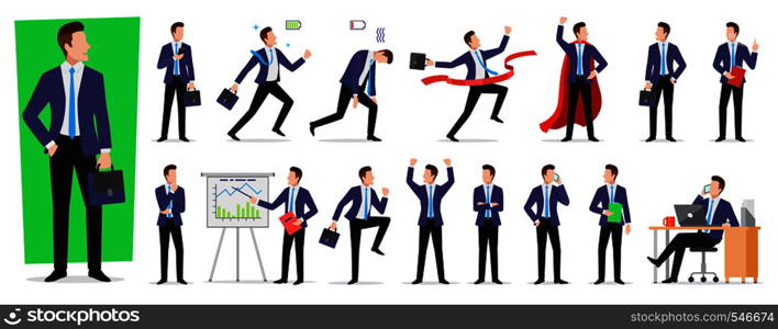 Set of character businessman in different situations, poses, super man with cloak, talking on phone, working with documents, businessman at the presentation, office worker vector illustration. Set of character businessman employee with suitcase in different situations poses, vector