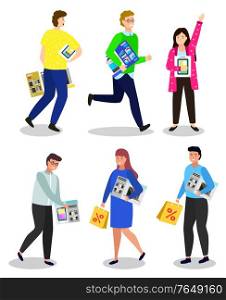 Set of character holding new appliances and gadgets. Kid with new phone, man with tablet and woman with microwave oven and bag in hands. People at store buying items on sale and reduction vector. People with New Electronics Devices and Gadgets