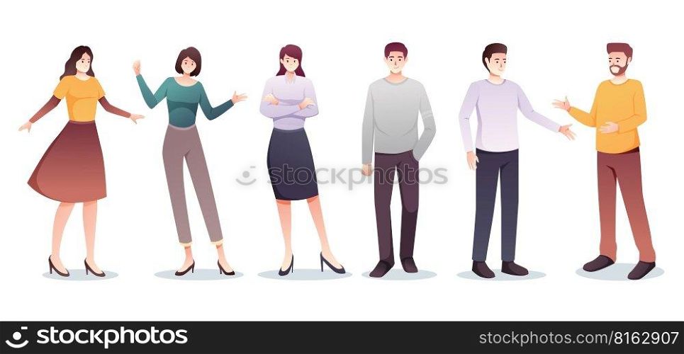set of character man and woman in casual wear standing vector illustration