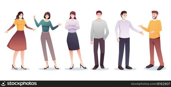 set of character man and woman in casual wear standing vector illustration