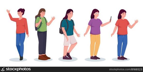 set of character woman in casual wear standing vector illustration
