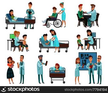 Set of characters doctors and patients during examination, discussion x-ray, hospital treatment isolated vector illustration . Doctors Patients Characters Set