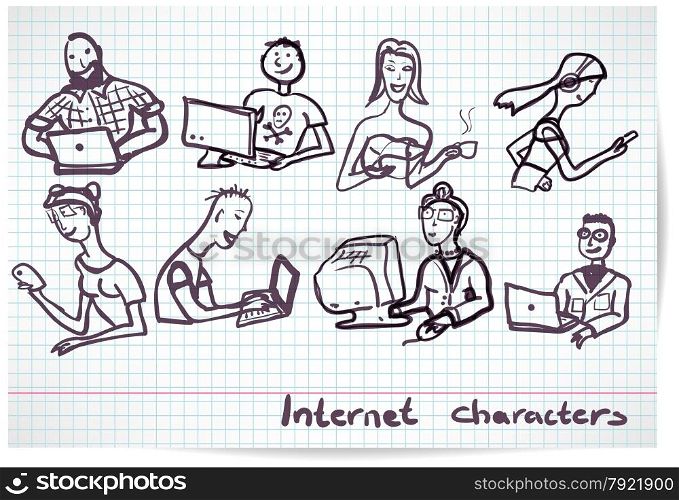 Set of characters on the theme of Internet technology and devices in the style b/w sketch