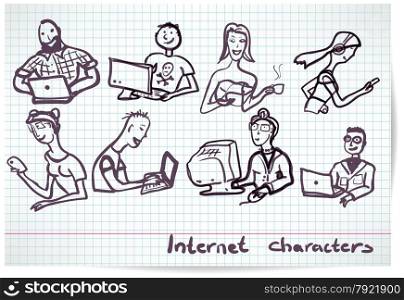 Set of characters on the theme of Internet technology and devices in the style b/w sketch