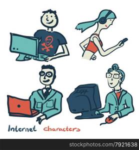 Set of characters on the theme of Internet technology and devices in the style sketch. Set of characters on the theme of Internet technology and device