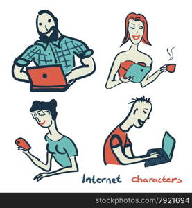 Set of characters on the theme of Internet technology and devices in the style sketch. Set of characters on the theme of Internet technology and device