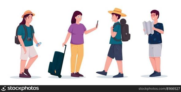 set of characters tourists traveling people vector illustration