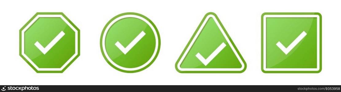 Set of check sign in different shapes in green