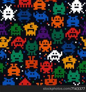 Set of cheerful and kind pixel monsters.. Set of cheerful pixel monsters seamless pattern