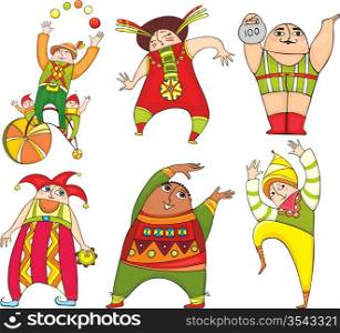 Set of cheerful circus actors in bright suits on it is white a background