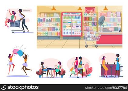 Set of cheerful female friends hanging out together. Flat vector illustrations of women shopping, fighting with pillows. Leisure concept for banner, website design or landing web page
