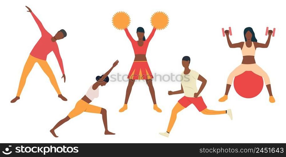 Set of cheerleaders preparing for performance. Young African people in yellow and coral clothing exercising. Vector illustration can be used for training, brochure, sport. Set of cheerleaders preparing for performance