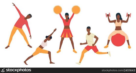 Set of cheerleaders preparing for performance. Young African people in yellow and coral clothing exercising. Vector illustration can be used for training, brochure, sport. Set of cheerleaders preparing for performance