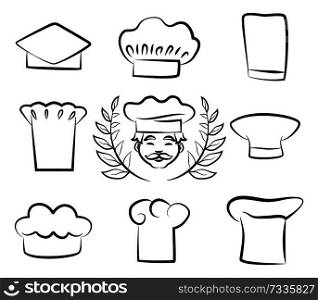 Set of chef hats with cook man dressed in white uniform headwear, draft with laurel branches, sketches of chef hats, cuisine brand logos design vector. Set of Chef Hats with Cook Man in White Headwear